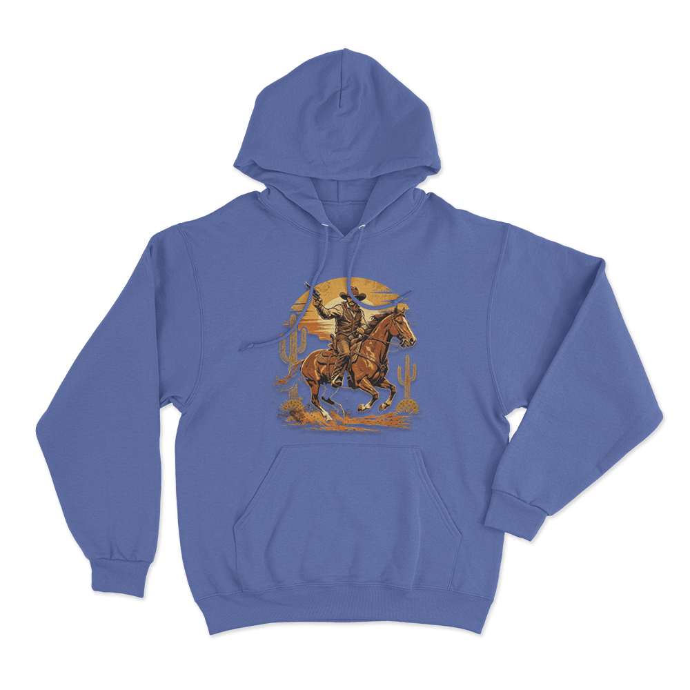 Vintage Cowboy Riding Horse Print Unisex Hoodie Blue Vintage Cowboy Riding Horse Print Unisex Hoodie Blue