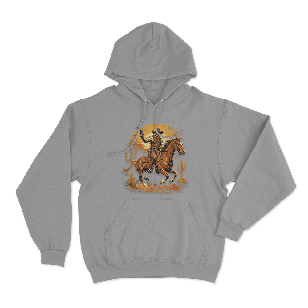 Vintage Cowboy Riding Horse Print Unisex Hoodie Grey Vintage Cowboy Riding Horse Print Unisex Hoodie Grey