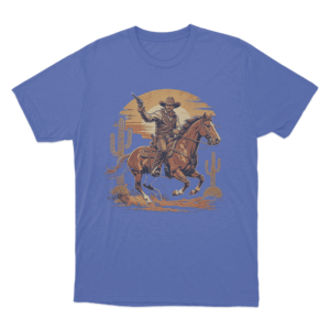 Vintage Cowboy Riding Horse Print Unisex T Shirt Blue