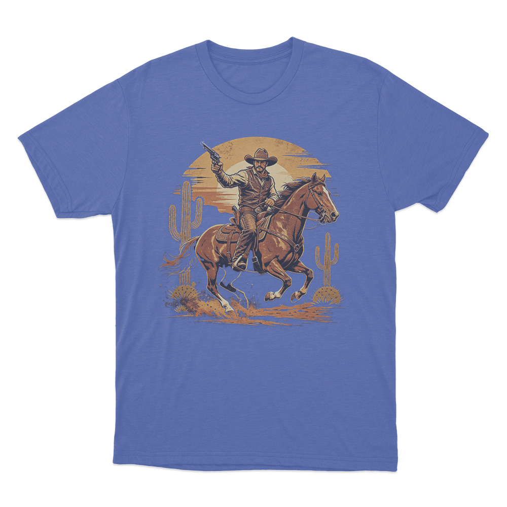 Vintage Cowboy Riding Horse Print Unisex T Shirt Blue Vintage Cowboy Riding Horse Print Unisex T Shirt Blue