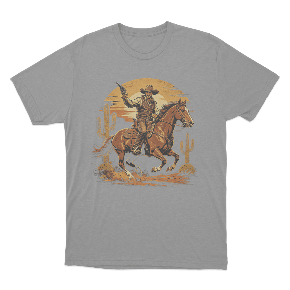 Vintage Cowboy Riding Horse Print Unisex T Shirt Grey Vintage Cowboy Riding Horse Print Unisex T Shirt Grey
