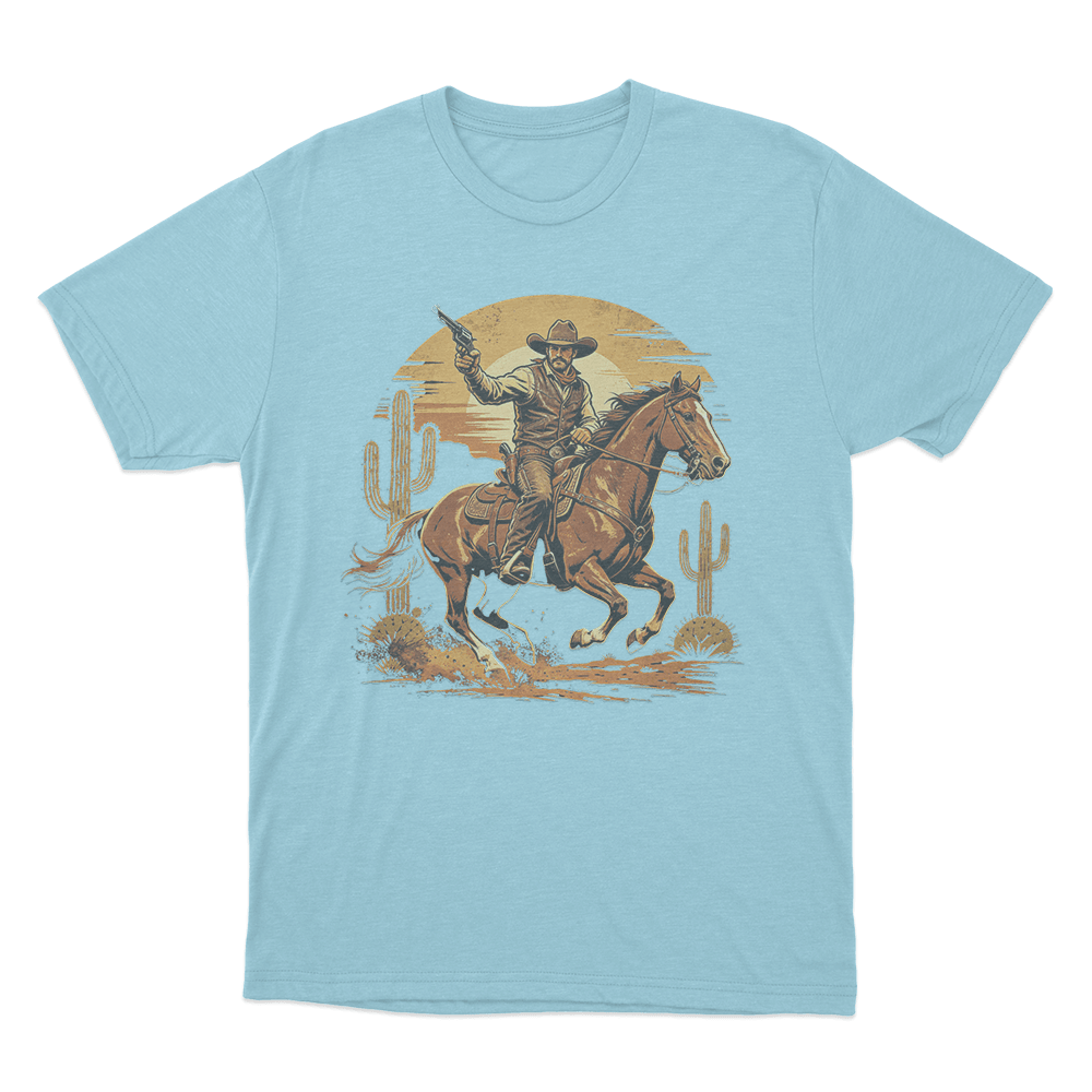 Vintage Cowboy Riding Horse Print Unisex T Shirt Sky Blue Vintage Cowboy Riding Horse Print Unisex T Shirt Sky Blue