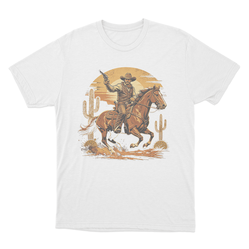 Vintage Cowboy Riding Horse Print Unisex T Shirt White Vintage Cowboy Riding Horse Print Unisex T Shirt White