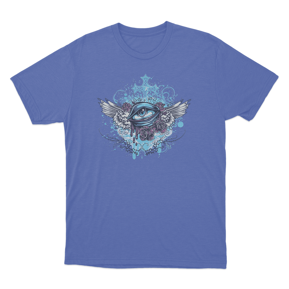Winged Eye And Roses Tattoo Print Unisex T Shirt Blue Winged Eye And Roses Tattoo Print Unisex T Shirt Blue